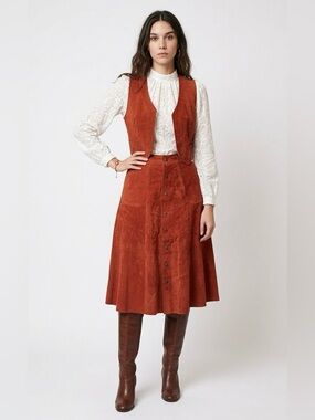 Vintage Rust Brown Suede Vest & Skirt Set XS 70s Boho Western Fall Outfit Retro